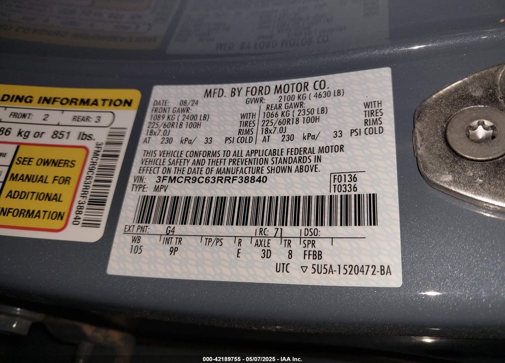 2024 FORD BRONCO SPORT VIN: 3FMCR9C63RRF38840