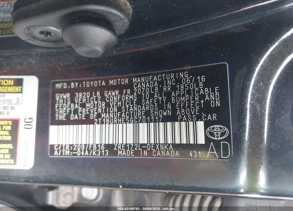2016 TOYOTA COROLLA VIN: 2T1BURHE5GC701117