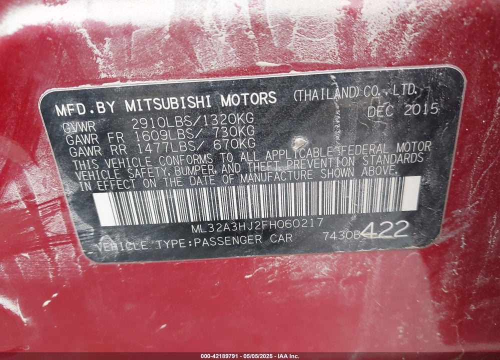2015 MITSUBISHI MIRAGE VIN: ML32A3HJ2FH060217