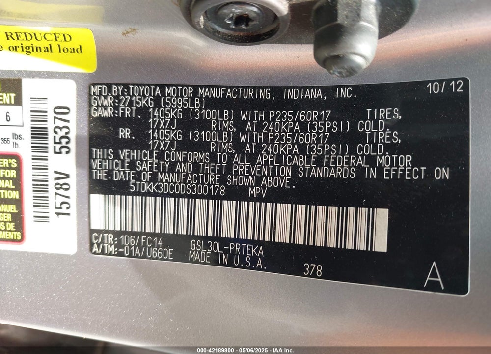 2013 TOYOTA SIENNA LE V6 8 PASSENGER VIN: 5TDKK3DC0DS300178