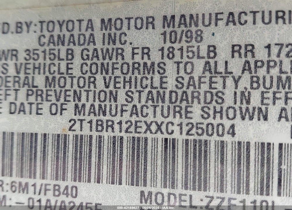 1999 TOYOTA COROLLA CE VIN: 2T1BR12EXXC125004