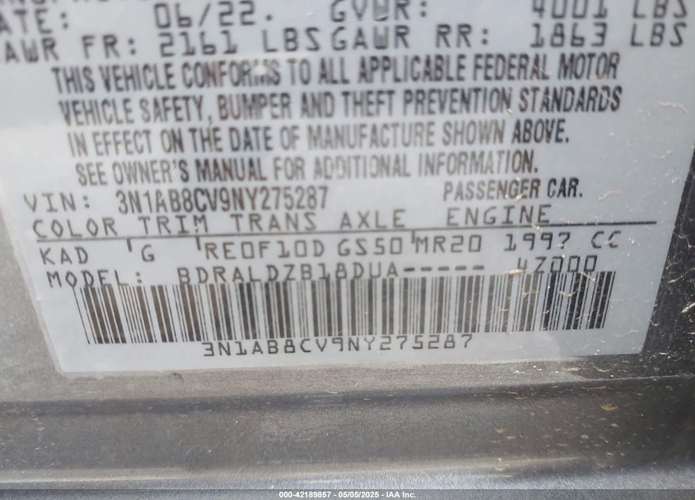 2022 NISSAN SENTRA VIN: 3N1AB8CV9NY275287