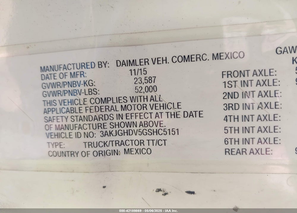 2016 FREIGHTLINER CASCADIA 113 VIN: 3AKJGHDV5GSHC5151