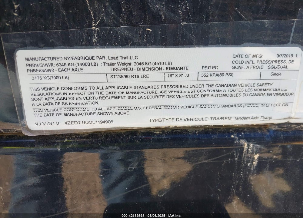 2020 LOAD TRAIL DUMP TRAILER VIN: 4ZEDT1622L1194905
