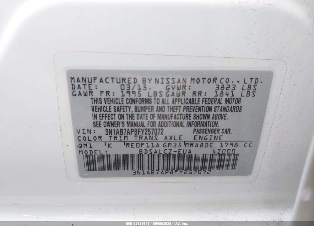 2015 NISSAN SENTRA VIN: 3N1AB7AP8FY257072
