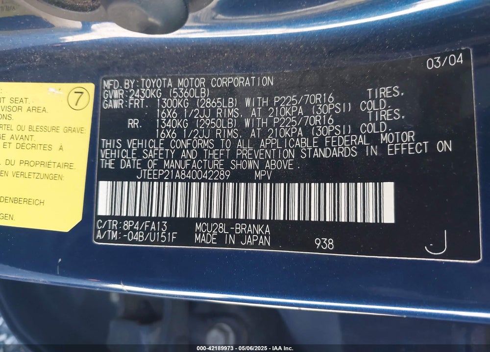 2004 TOYOTA HIGHLANDER V6 VIN: JTEEP21A840042289