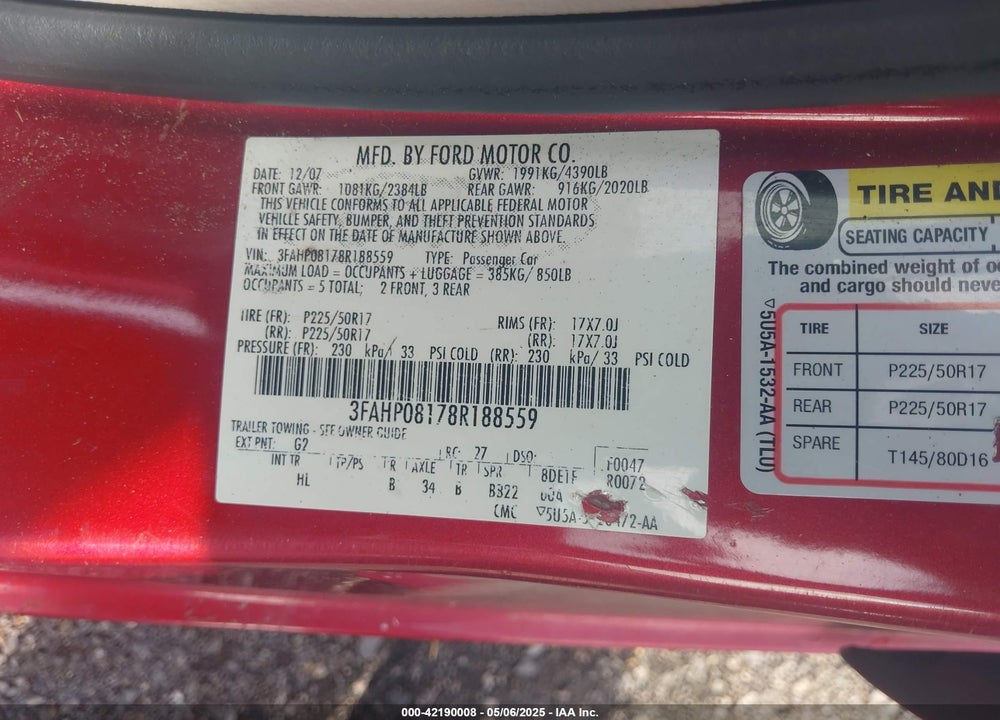 2008 FORD FUSION VIN: 3FAHP08178R188559