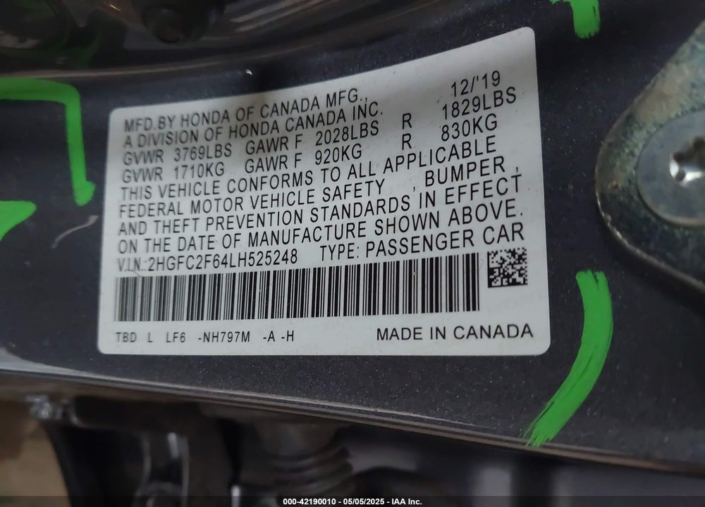 2020 HONDA CIVIC VIN: 2HGFC2F64LH525248