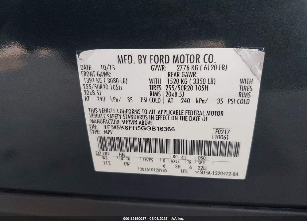 2016 FORD EXPLORER VIN: 1FM5K8FH5GGB16366