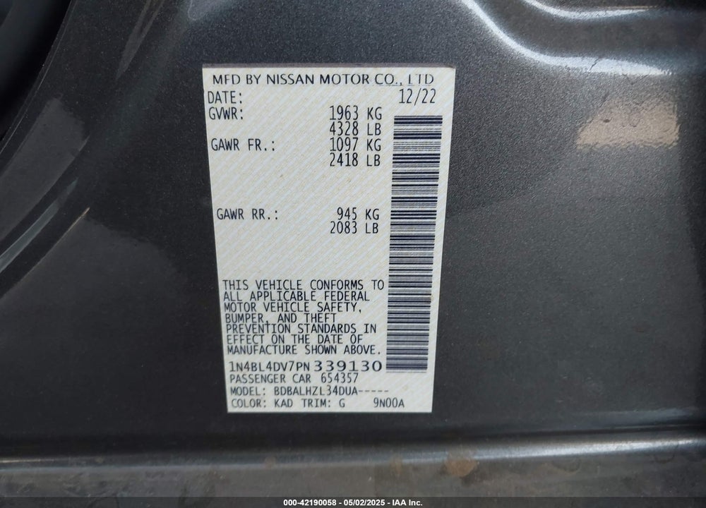 2023 NISSAN ALTIMA SV FWD VIN: 1N4BL4DV7PN339130