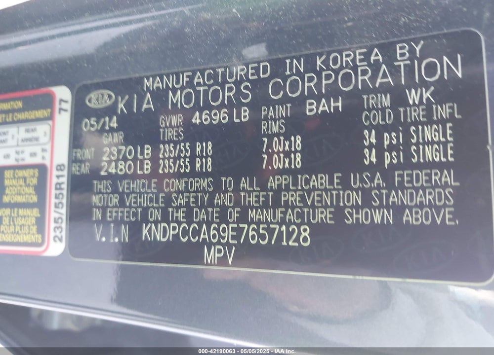 2014 KIA SPORTAGE VIN: KNDPCCA69E7657128