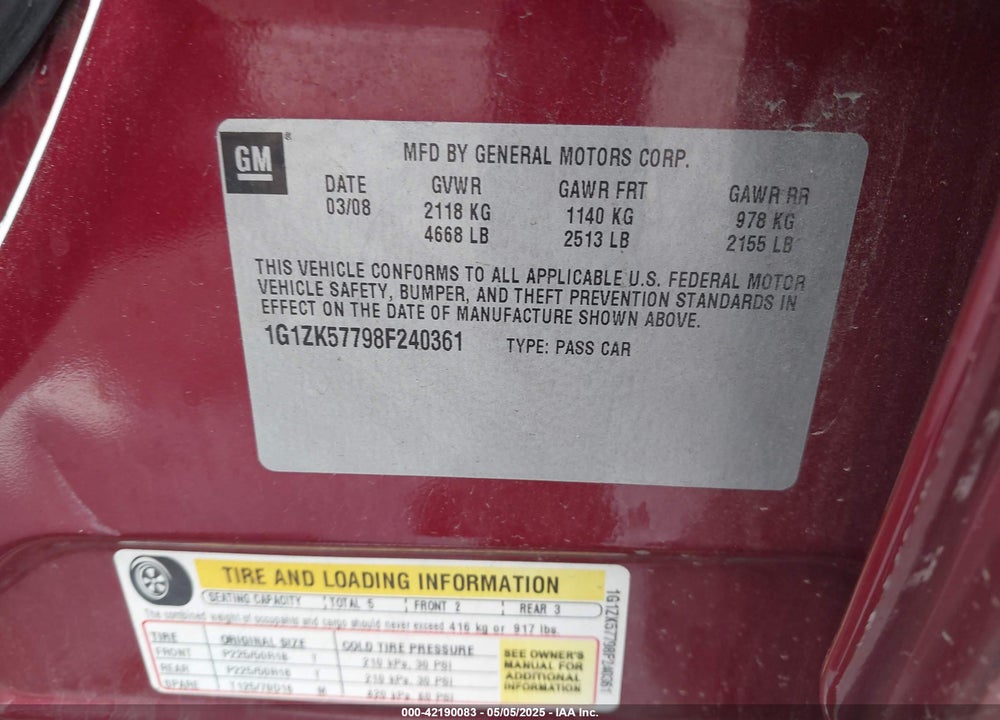 2008 CHEVROLET MALIBU LTZ VIN: 1G1ZK57798F240361