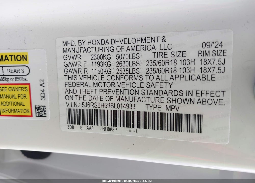 2025 HONDA CR-V VIN: 5J6RS6H59SL014933