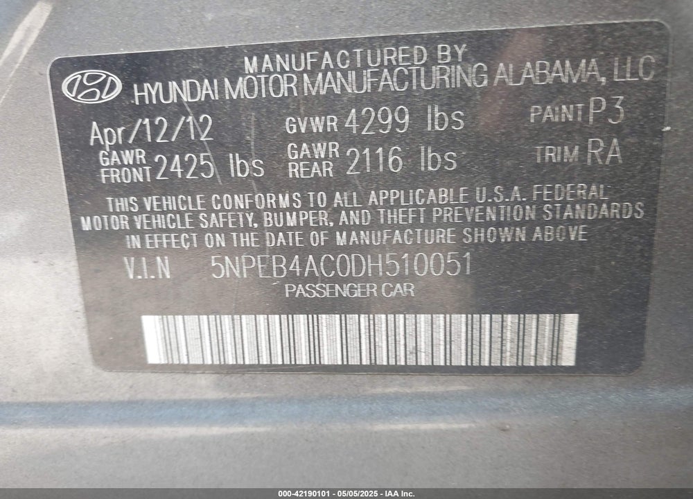 2013 HYUNDAI SONATA VIN: 5NPEB4AC0DH510051