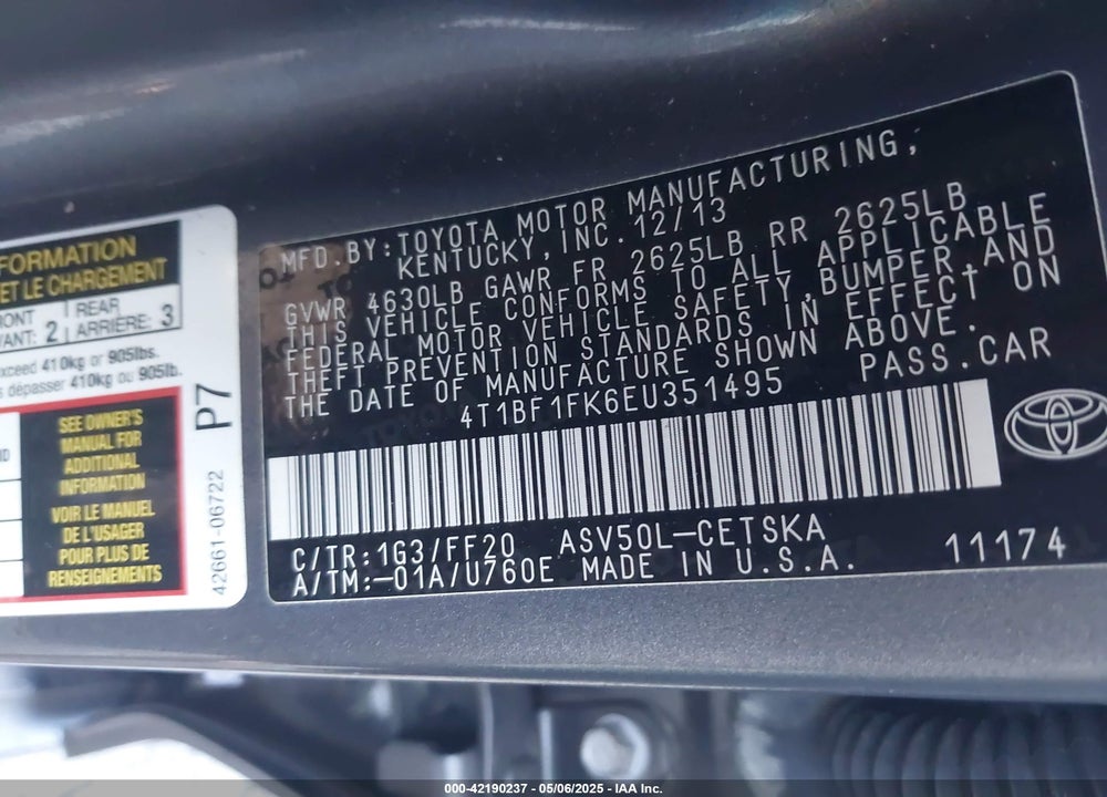 2014 TOYOTA CAMRY SE VIN: 4T1BF1FK6EU351495