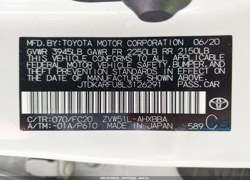 2020 TOYOTA PRIUS VIN: JTDKARFU8L3126291