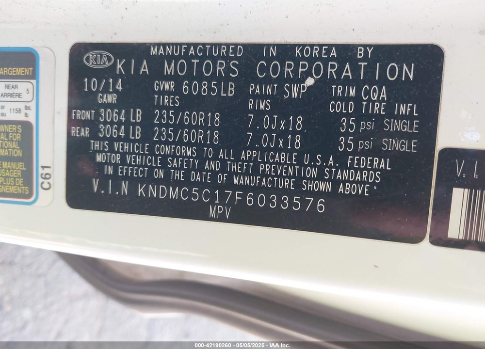 2015 KIA SEDONA SX VIN: KNDMC5C17F6033576