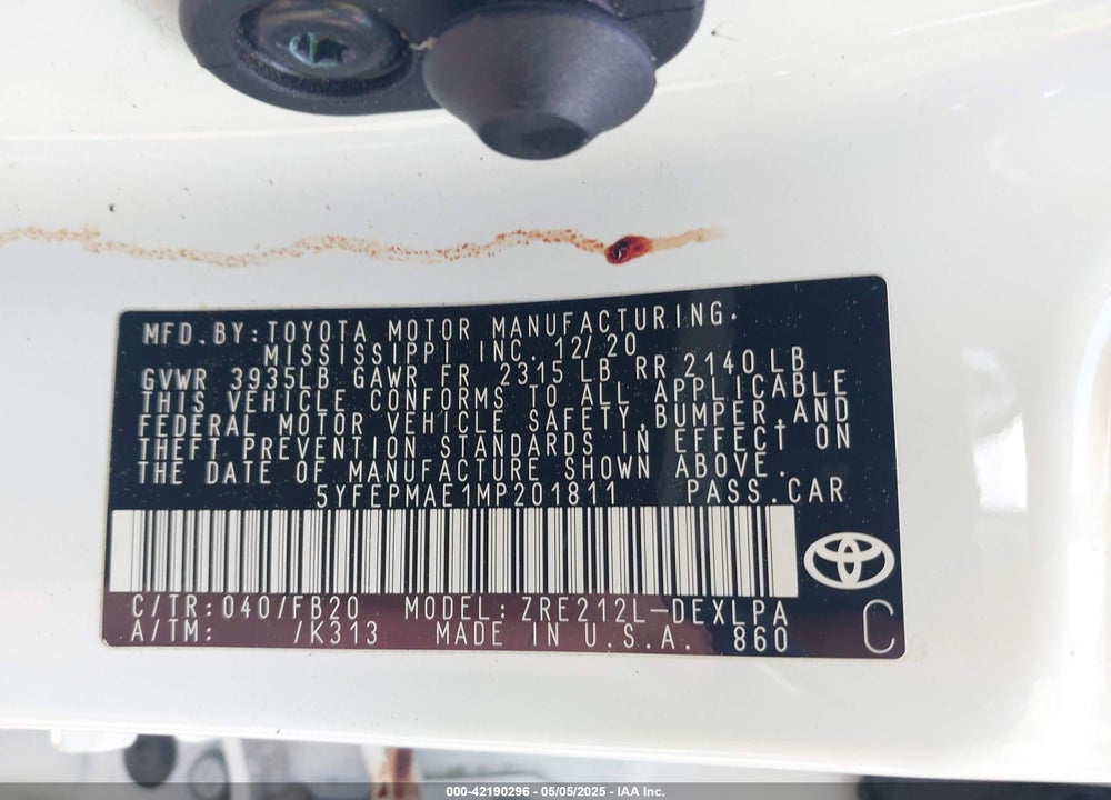 2021 TOYOTA COROLLA VIN: 5YFEPMAE1MP201811
