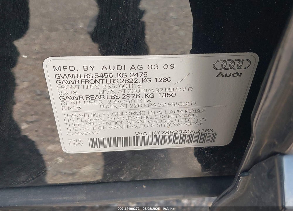 2009 AUDI Q5 VIN: WA1KK78R29A042363