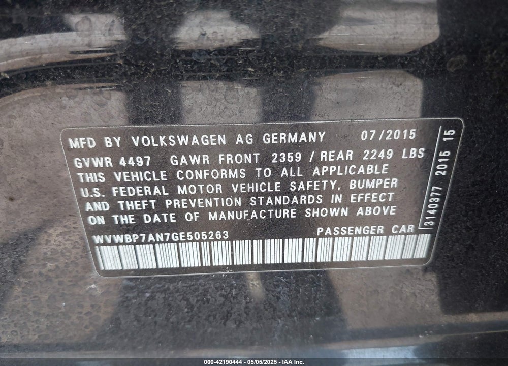2016 VOLKSWAGEN CC VIN: WVWBP7AN7GE505263
