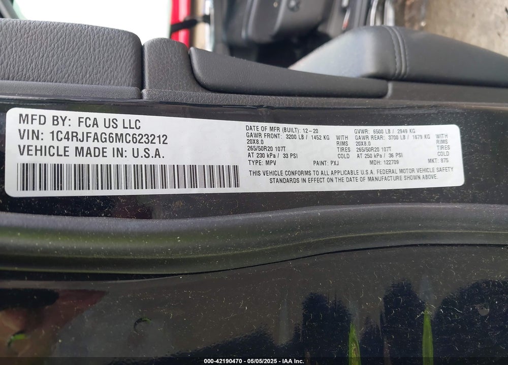 2021 JEEP GRAND CHEROKEE VIN: 1C4RJFAG6MC623212