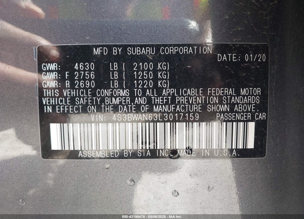 2020 SUBARU LEGACY VIN: 4S3BWAN63L3017159