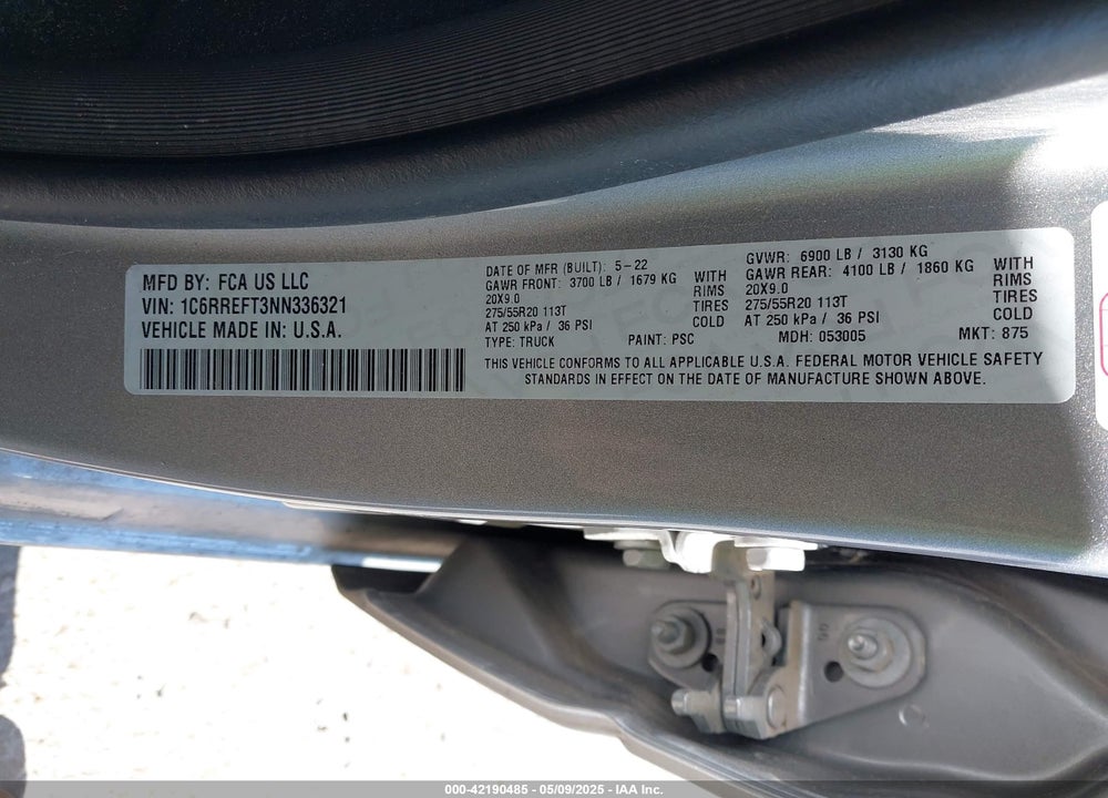 2022 RAM 1500 VIN: 1C6RREFT3NN336321
