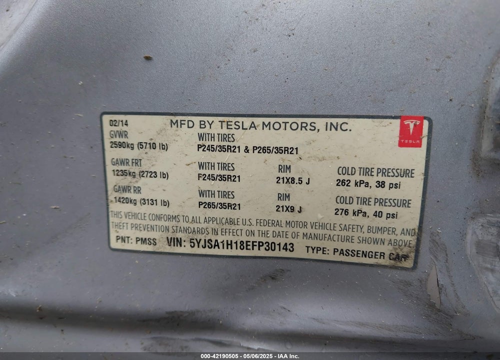 2014 TESLA MODEL S P85 VIN: 5YJSA1H18EFP30143