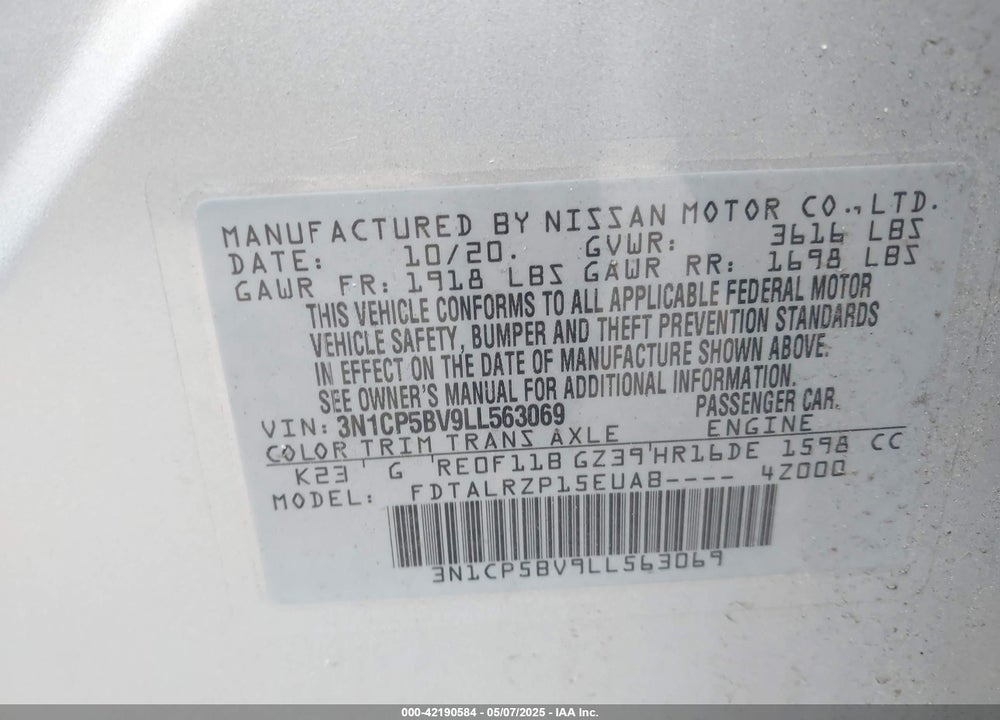 2020 NISSAN KICKS S XTRONIC CVT VIN: 3N1CP5BV9LL563069