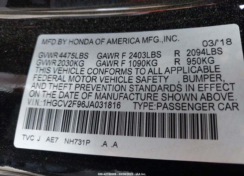 2018 HONDA ACCORD VIN: 1HGCV2F96JA031816