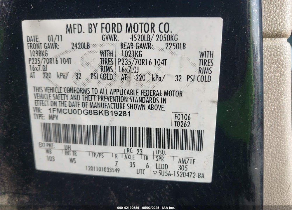 2011 FORD ESCAPE XLT VIN: 1FMCU0DG8BKB19281