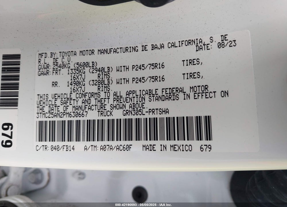 2023 TOYOTA TACOMA VIN: 3TMCZ5AN2PM630667