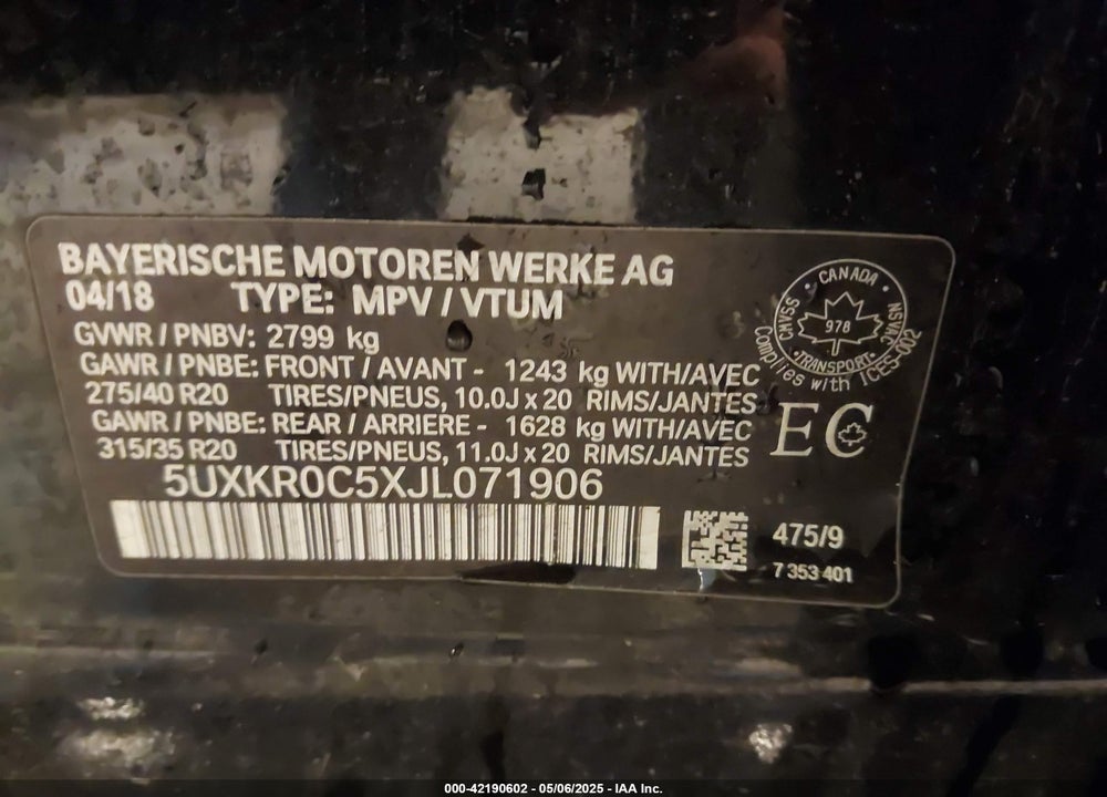 2018 BMW X5 VIN: 5UXKR0C5XJL071906
