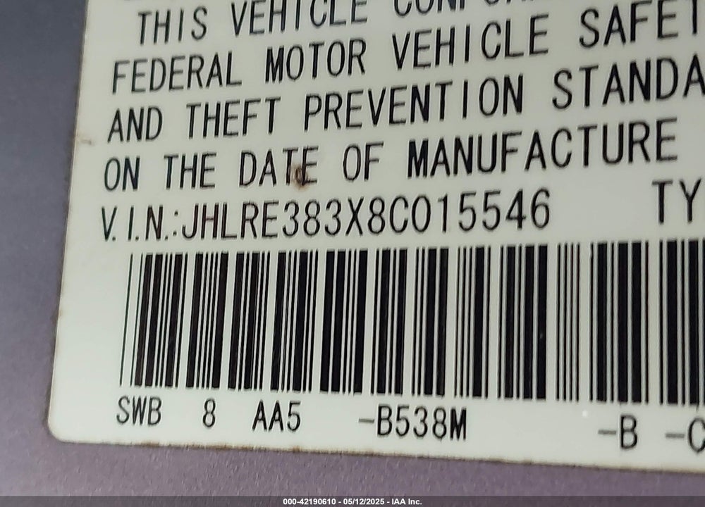 2008 HONDA CR-V VIN: JHLRE383X8C015546