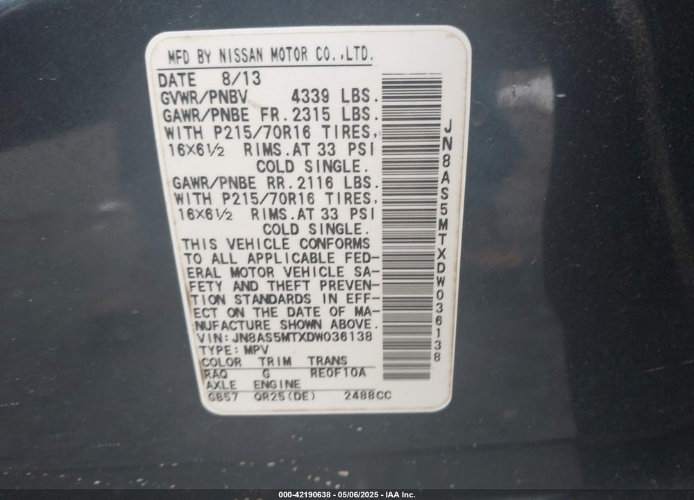 2013 NISSAN ROGUE VIN: JN8AS5MTXDW036138