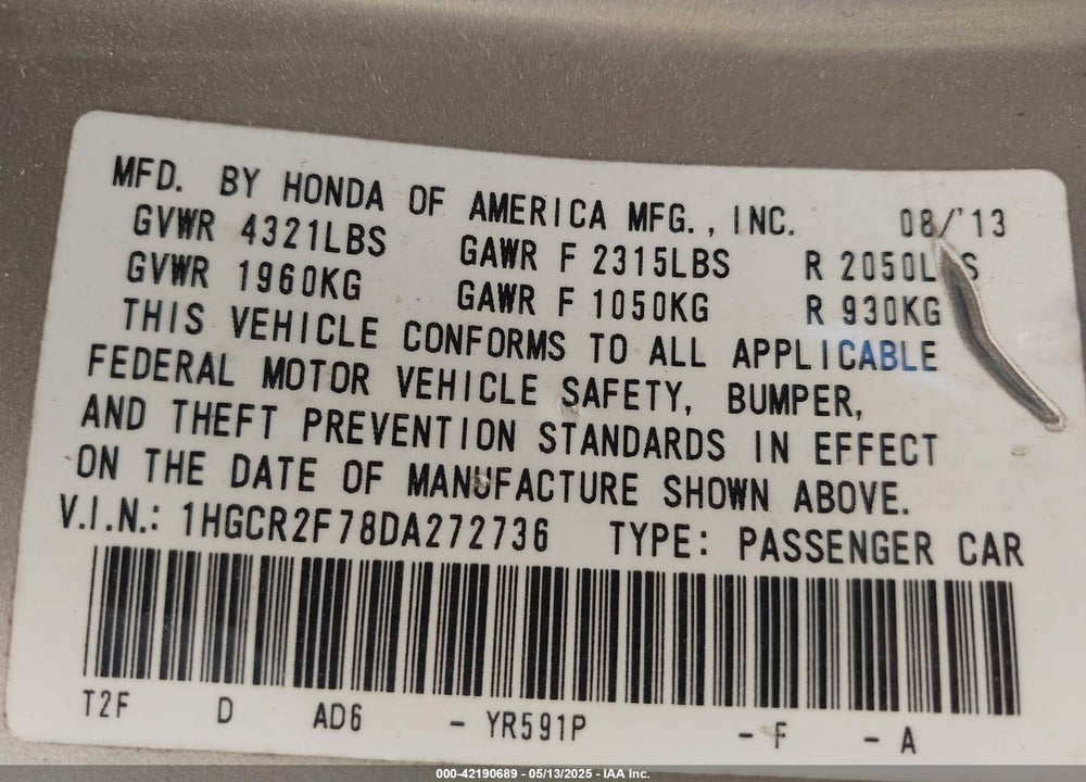 2013 HONDA ACCORD EX VIN: 1HGCR2F78DA272736