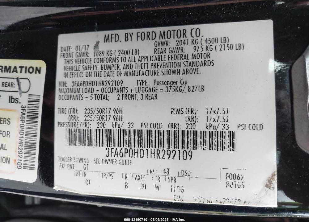 2017 FORD FUSION SE VIN: 3FA6P0HD1HR292109