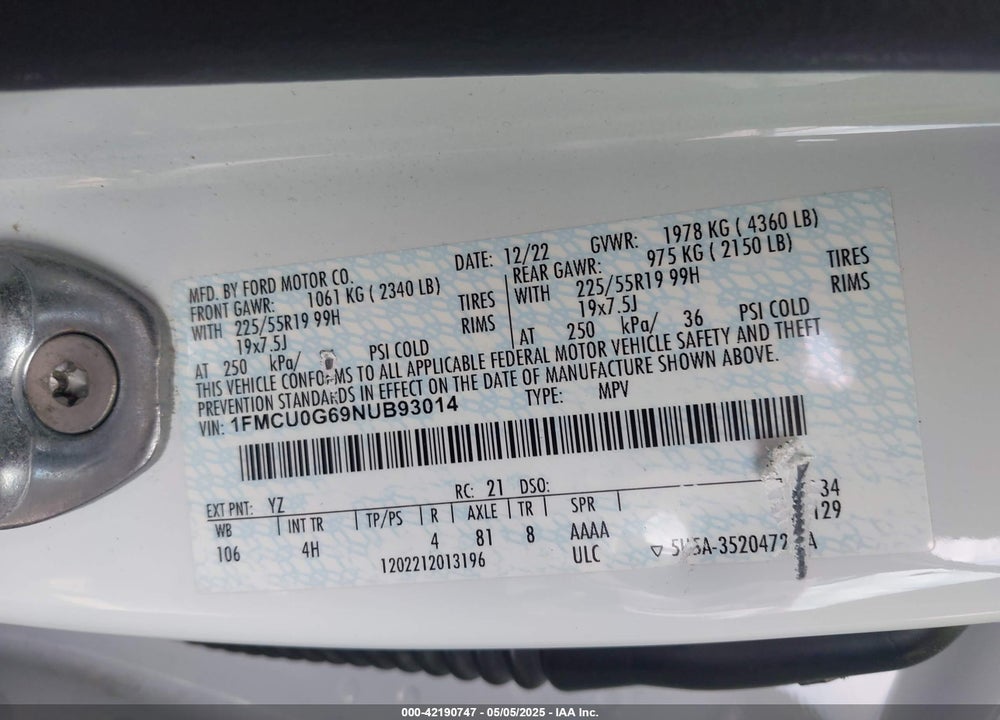 2022 FORD ESCAPE SE VIN: 1FMCU0G69NUB93014