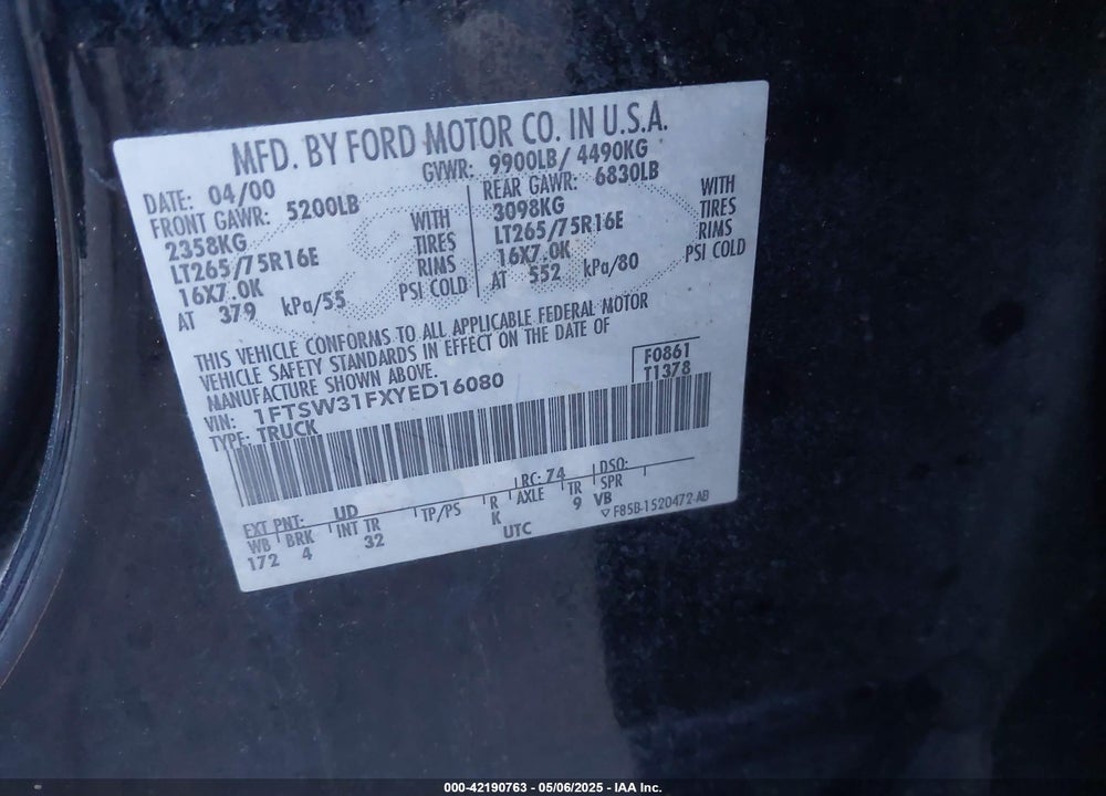 2000 FORD F-350 LARIAT/XL/XLT VIN: 1FTSW31FXYED16080