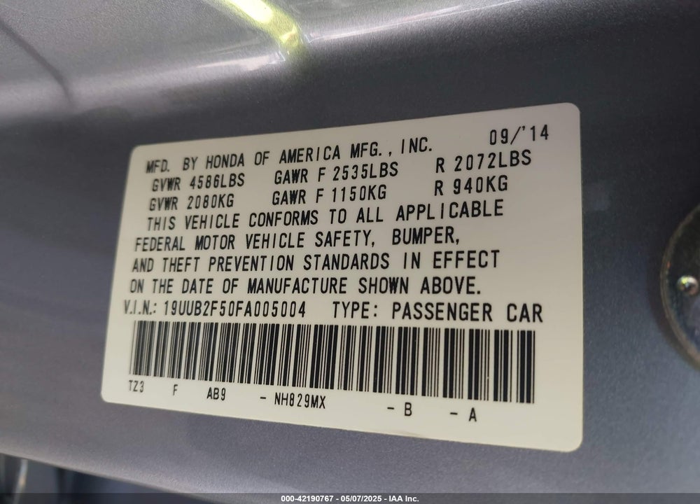 2015 ACURA TLX V6 TECH VIN: 19UUB2F50FA005004