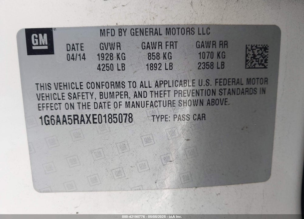 2014 CADILLAC ATS STANDARD VIN: 1G6AA5RAXE0185078