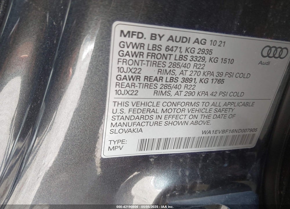 2022 AUDI Q8 VIN: WA1EVBF16ND007905