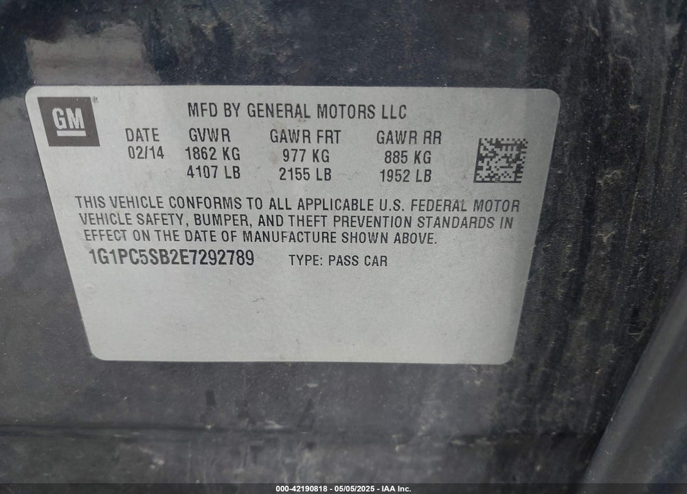 2014 CHEVROLET CRUZE VIN: 1G1PC5SB2E7292789