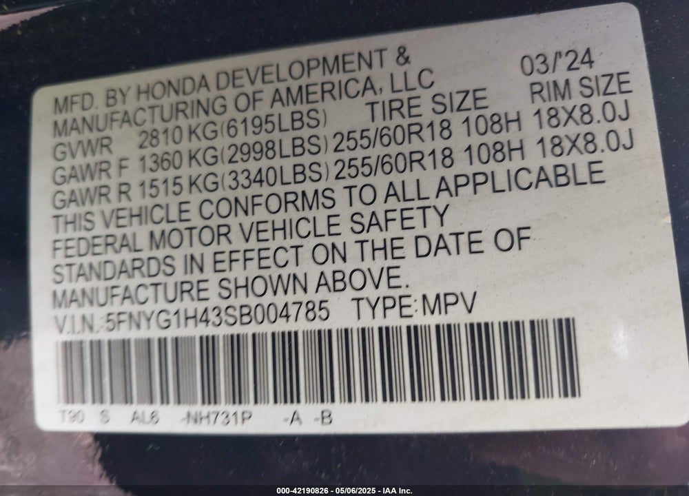 2025 HONDA PILOT VIN: 5FNYG1H43SB004785