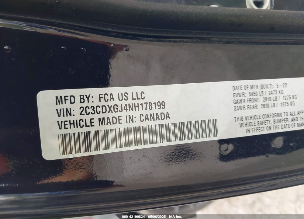 2022 DODGE CHARGER VIN: 2C3CDXGJ4NH178199