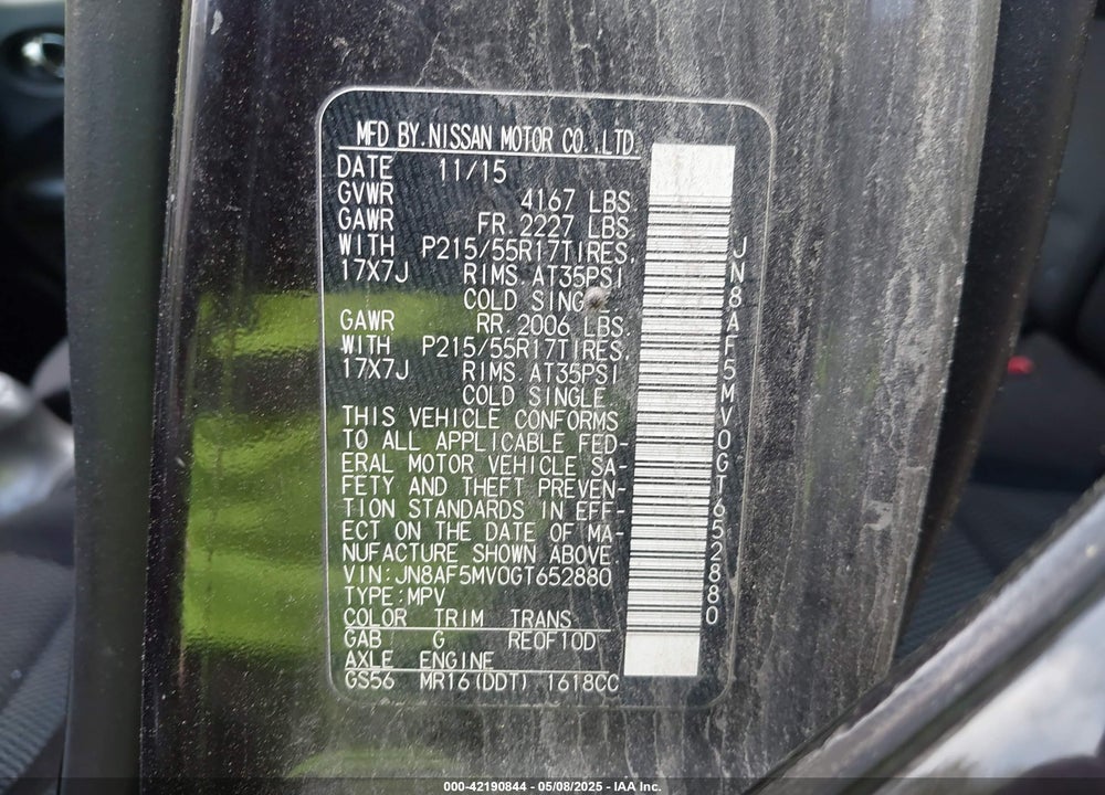 2016 NISSAN JUKE S VIN: JN8AF5MV0GT652880