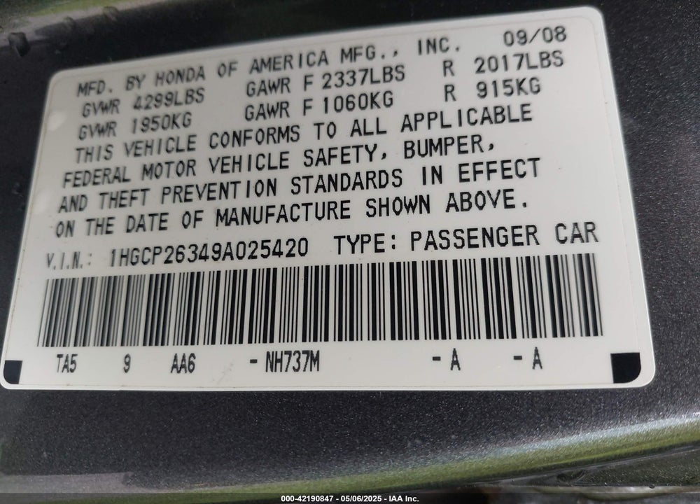 2009 HONDA ACCORD 2.4 LX VIN: 1HGCP26349A025420