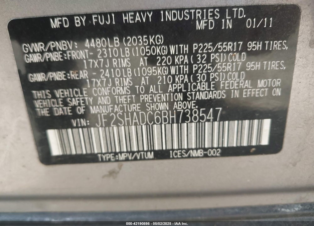2011 SUBARU FORESTER VIN: JF2SHADC6BH738547