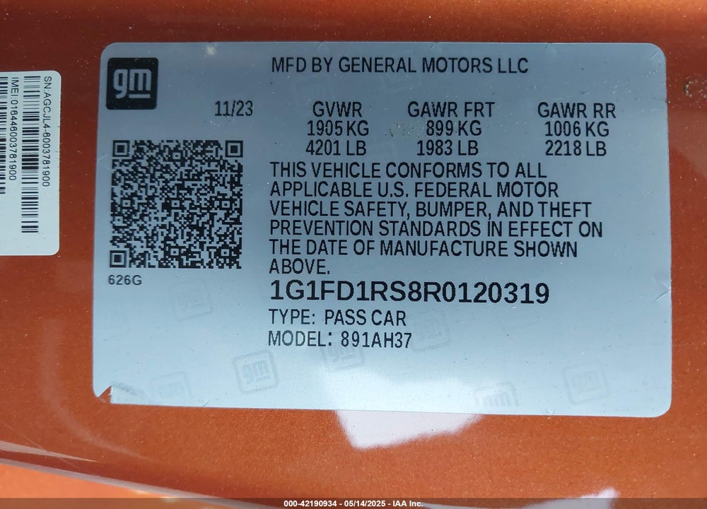 2024 CHEVROLET CAMARO VIN: 1G1FD1RS8R0120319