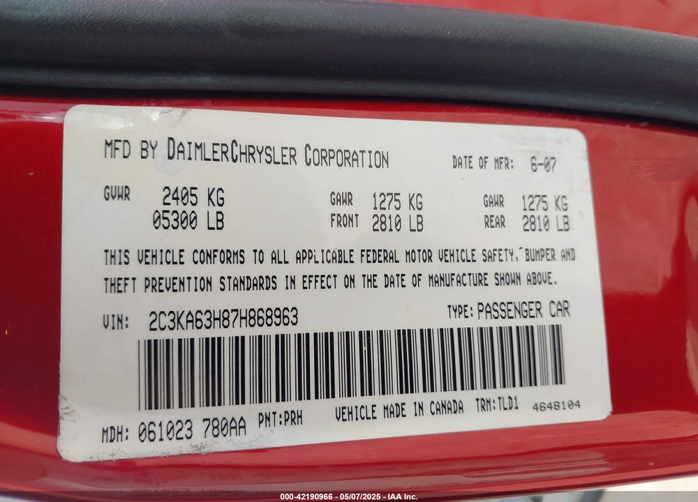 2007 CHRYSLER 300C VIN: 2C3KA63H87H868963